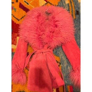 Urban Outfitters Charlotte Simone Vibrant Pink Suede Jacket with Shearling Fur